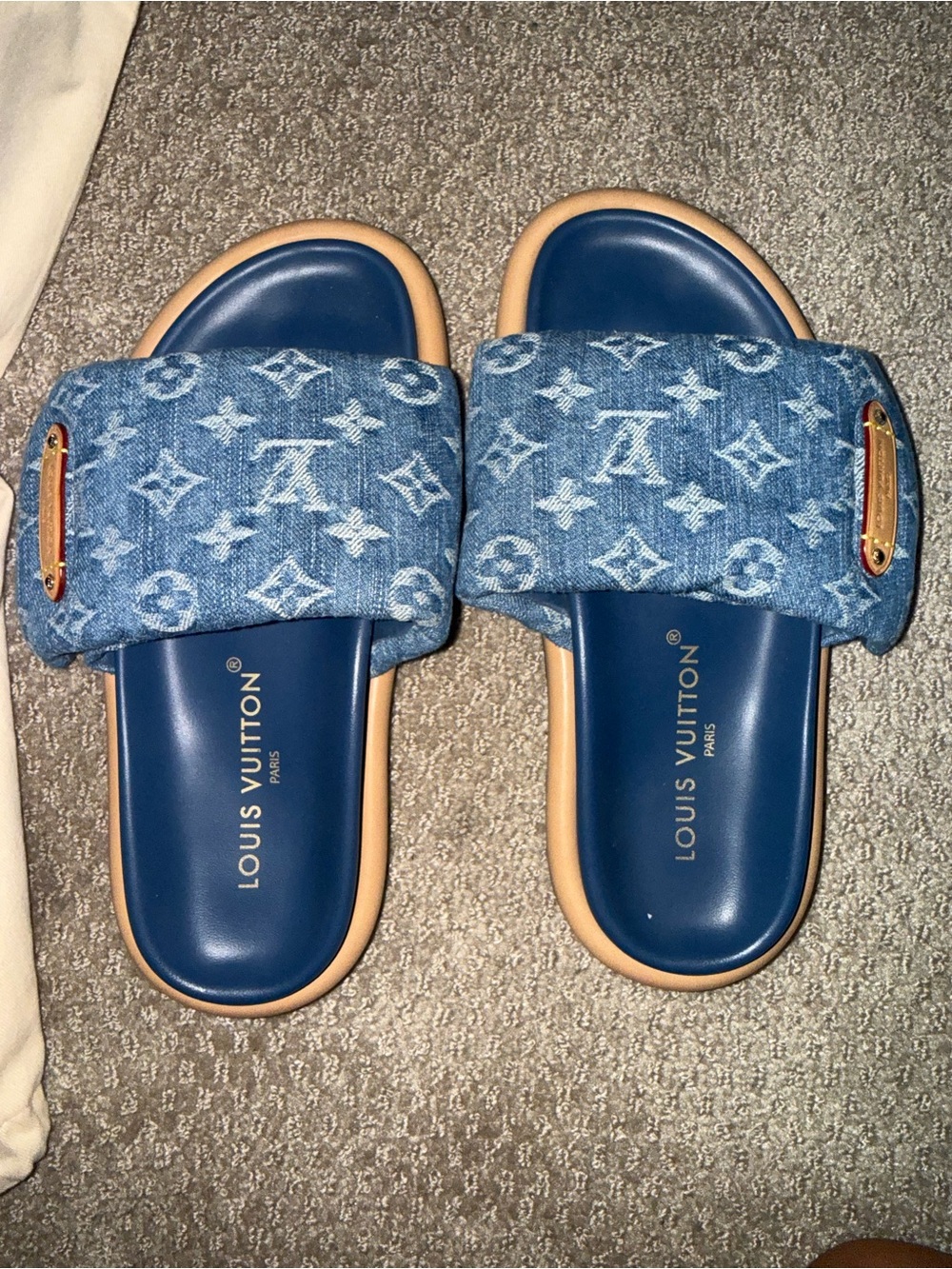 Louis Vuitton Denim Monogram Slide Sandals in Blue and Tan - Picture 3 of 4
